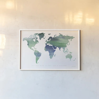 Passport to the World Blue by Mercedes Lopez Charro. shown as a paper print in a white frame. Available as a archival giclee rolled canvas, fine art paper, or poster print. SKU 71325i.