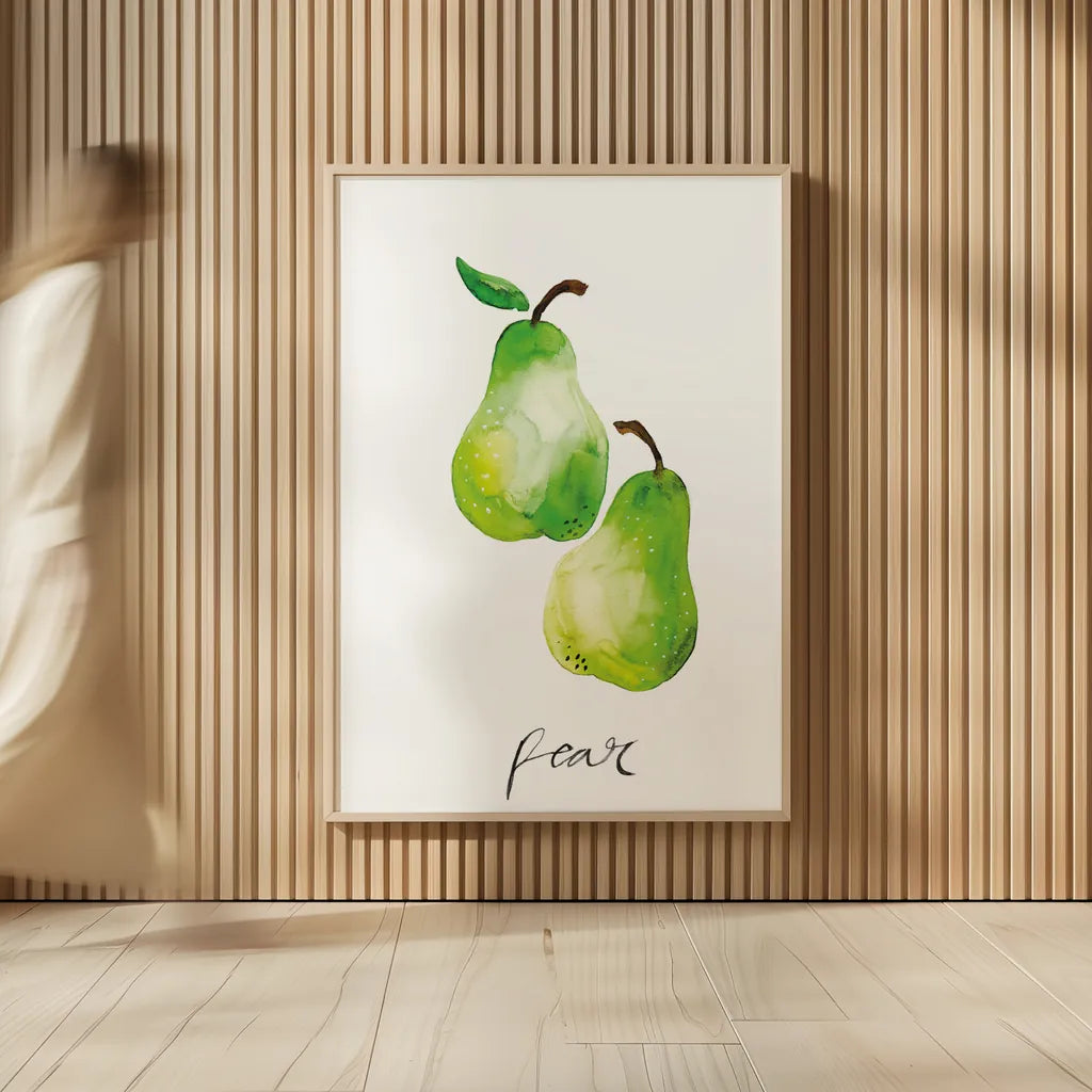 Pears by Mercedes Lopez Charro. shown as over sized large wall art. Available as an archival giclee rolled canvas, fine art paper, or poster print. SKU 67137h.