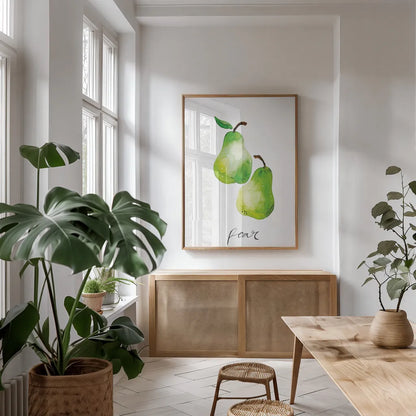 Pears by Mercedes Lopez Charro. shown as a print in a natural wood frame in a dining room. Available as a archival giclee rolled canvas, fine art paper, or poster print. SKU 67137h.