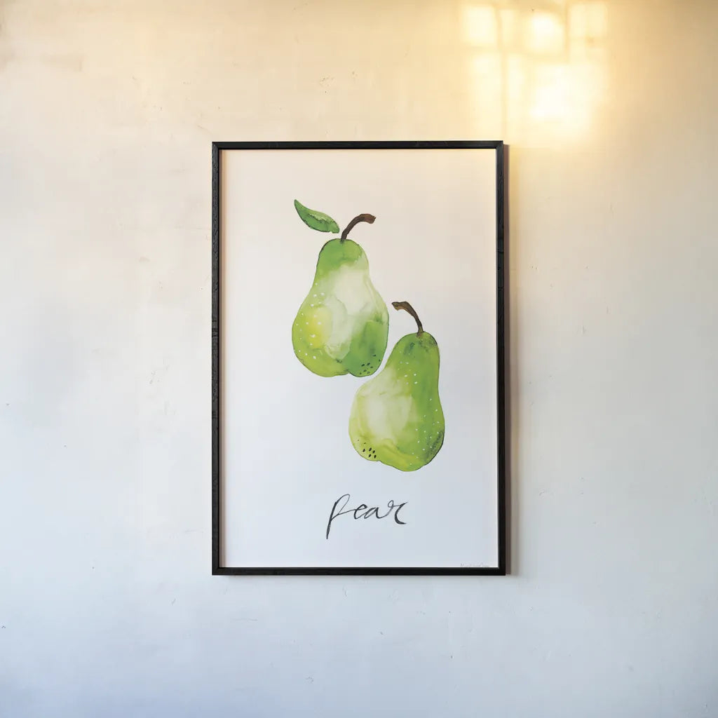 Pears by Mercedes Lopez Charro. shown as a paper print in a black flame. Available as a archival giclee rolled canvas, fine art paper, or poster print. SKU 67137h.