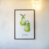 Pears by Mercedes Lopez Charro. shown as a paper print in a black flame. Available as a archival giclee rolled canvas, fine art paper, or poster print. SKU 67137h.