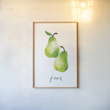 Pears by Mercedes Lopez Charro. shown as a paper print in a natural frame. Available as a archival giclee rolled canvas, fine art paper, or poster print. SKU 67137h.