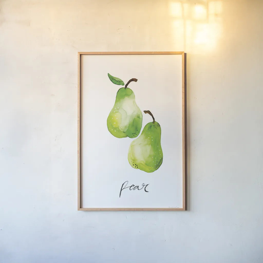 Pears by Mercedes Lopez Charro. shown as a paper print in a natural frame. Available as a archival giclee rolled canvas, fine art paper, or poster print. SKU 67137h.