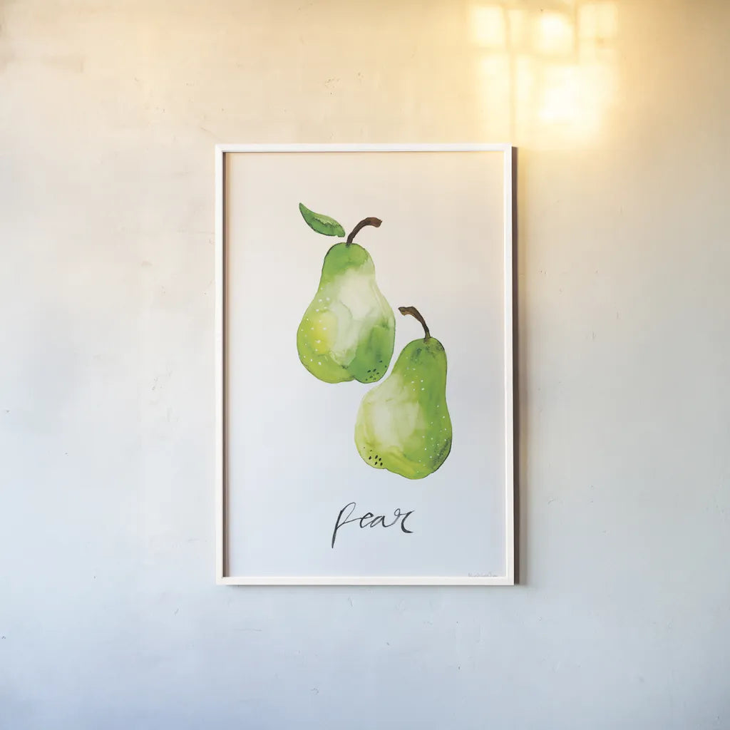 Pears by Mercedes Lopez Charro. shown as a paper print in a white frame. Available as a archival giclee rolled canvas, fine art paper, or poster print. SKU 67137h.