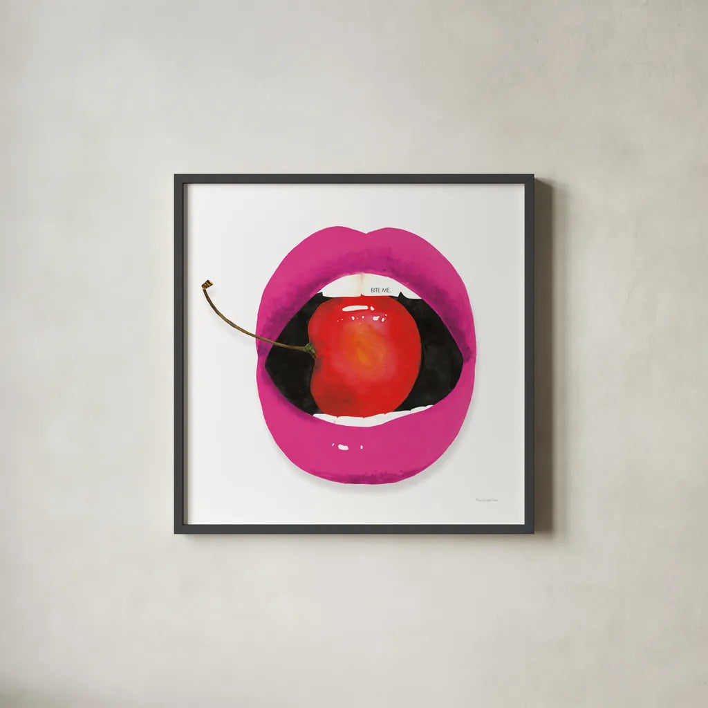 Pink Lips by Mercedes Lopez Charro. Shown in a sleek black glass frame for a contemporary gallery look. Available as an archival giclee rolled canvas, fine art paper, or poster print. SKU 82827a.