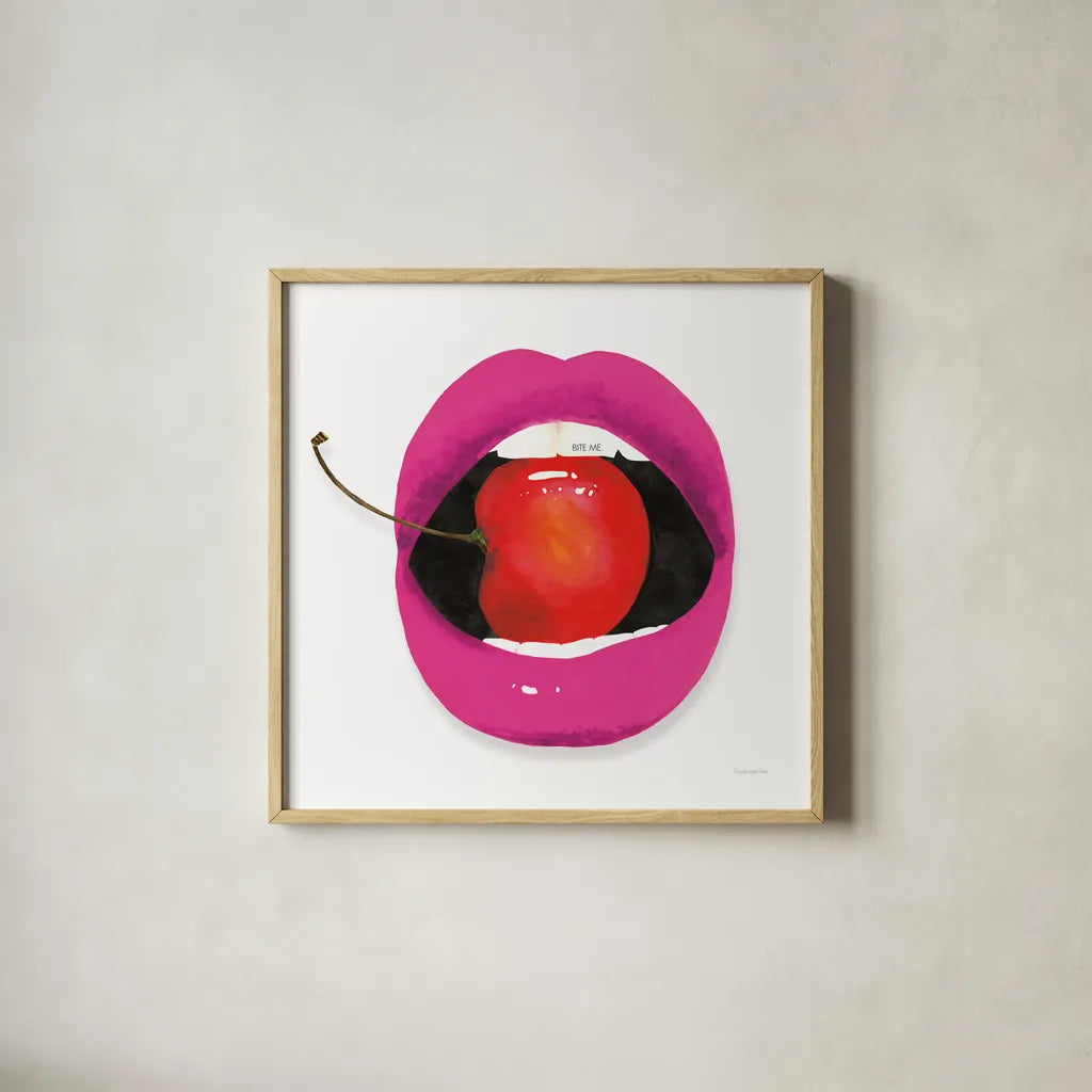 Pink Lips by Mercedes Lopez Charro. Shown in a natural wood glass frame for a timeless modern aesthetic. Available as an archival giclee rolled canvas, fine art paper, or poster print. SKU 82827a.