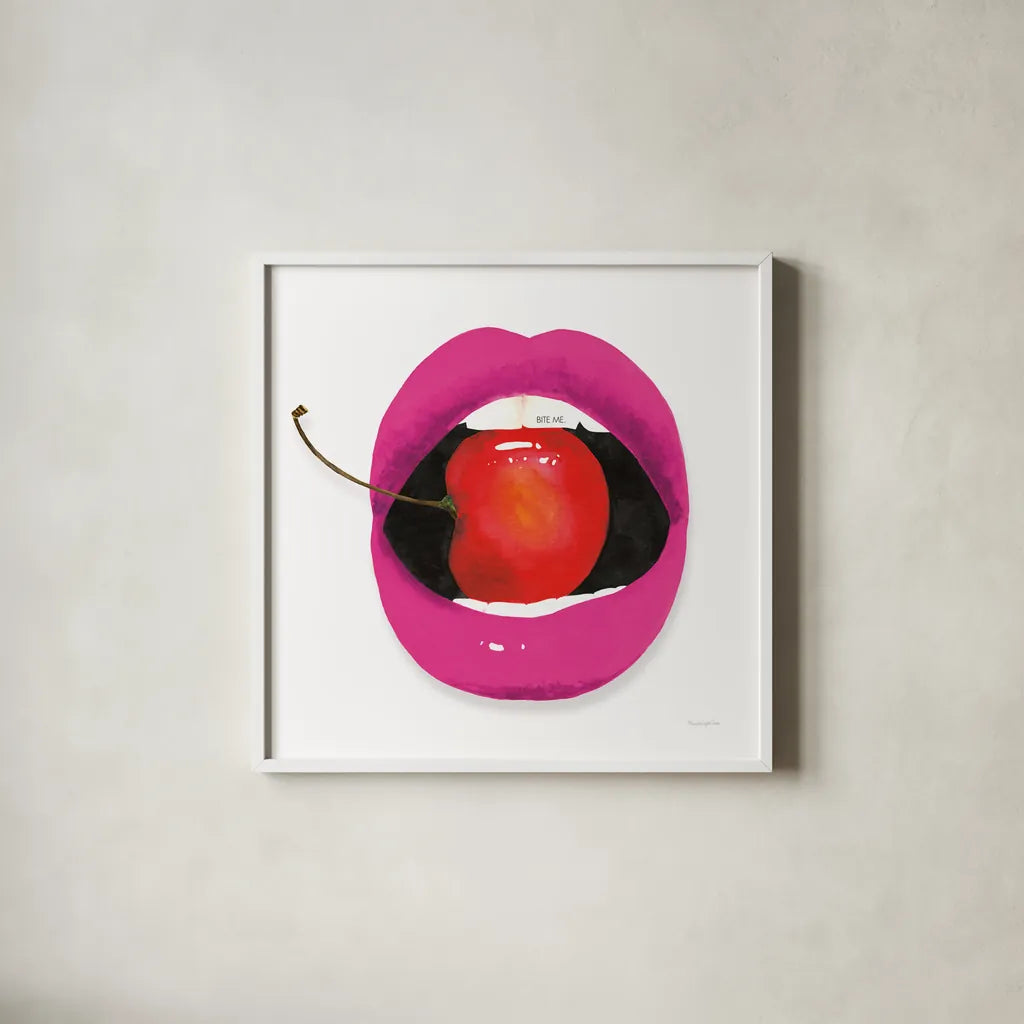 Pink Lips by Mercedes Lopez Charro. Shown in a crisp white glass frame for a clean and minimalist style. Available as an archival giclee rolled canvas, fine art paper, or poster print. SKU 82827a.