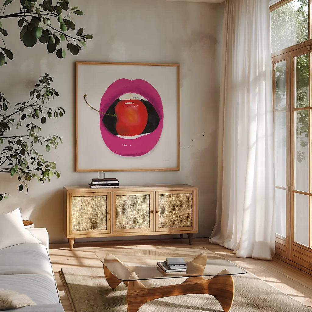 Pink Lips by Mercedes Lopez Charro. Shown in a natural wood frame in a cozy modern living room. Available as an archival giclee rolled canvas, fine art paper, or poster print. SKU 82827a.
