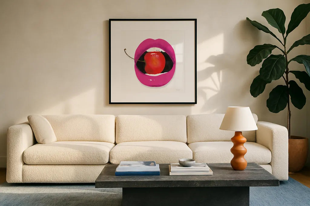 Pink Lips by Mercedes Lopez Charro. Displayed in a glass frame with matte in a clean modern living room. Available as an archival giclee rolled canvas, fine art paper, or poster print. SKU 82827a.