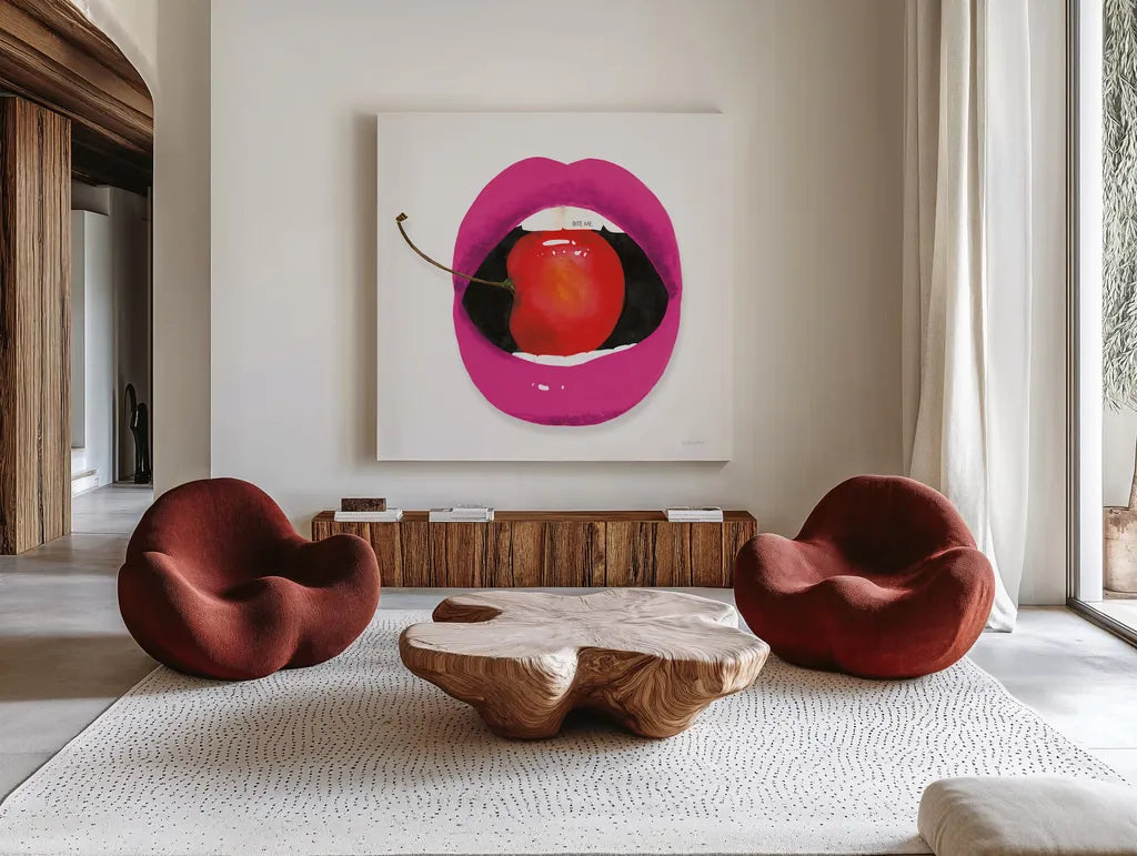 Pink Lips by Mercedes Lopez Charro. Shown as extra-large giant wall art in a modern living room. Available as an archival giclee rolled canvas, fine art paper, or poster print. SKU 82827a.