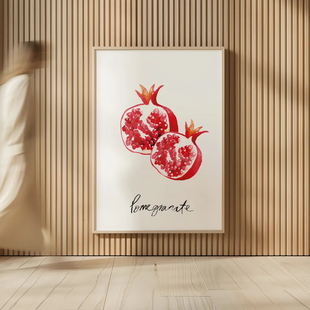 Pomegranates by Mercedes Lopez Charro. shown as over sized large wall art. Available as an archival giclee rolled canvas, fine art paper, or poster print. SKU 67134h.