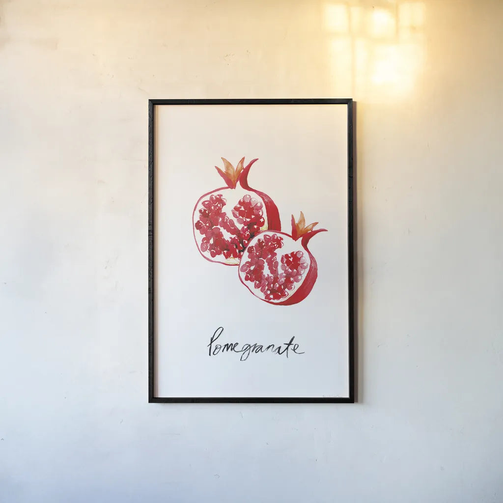 Pomegranates by Mercedes Lopez Charro. shown as a paper print in a black flame. Available as a archival giclee rolled canvas, fine art paper, or poster print. SKU 67134h.