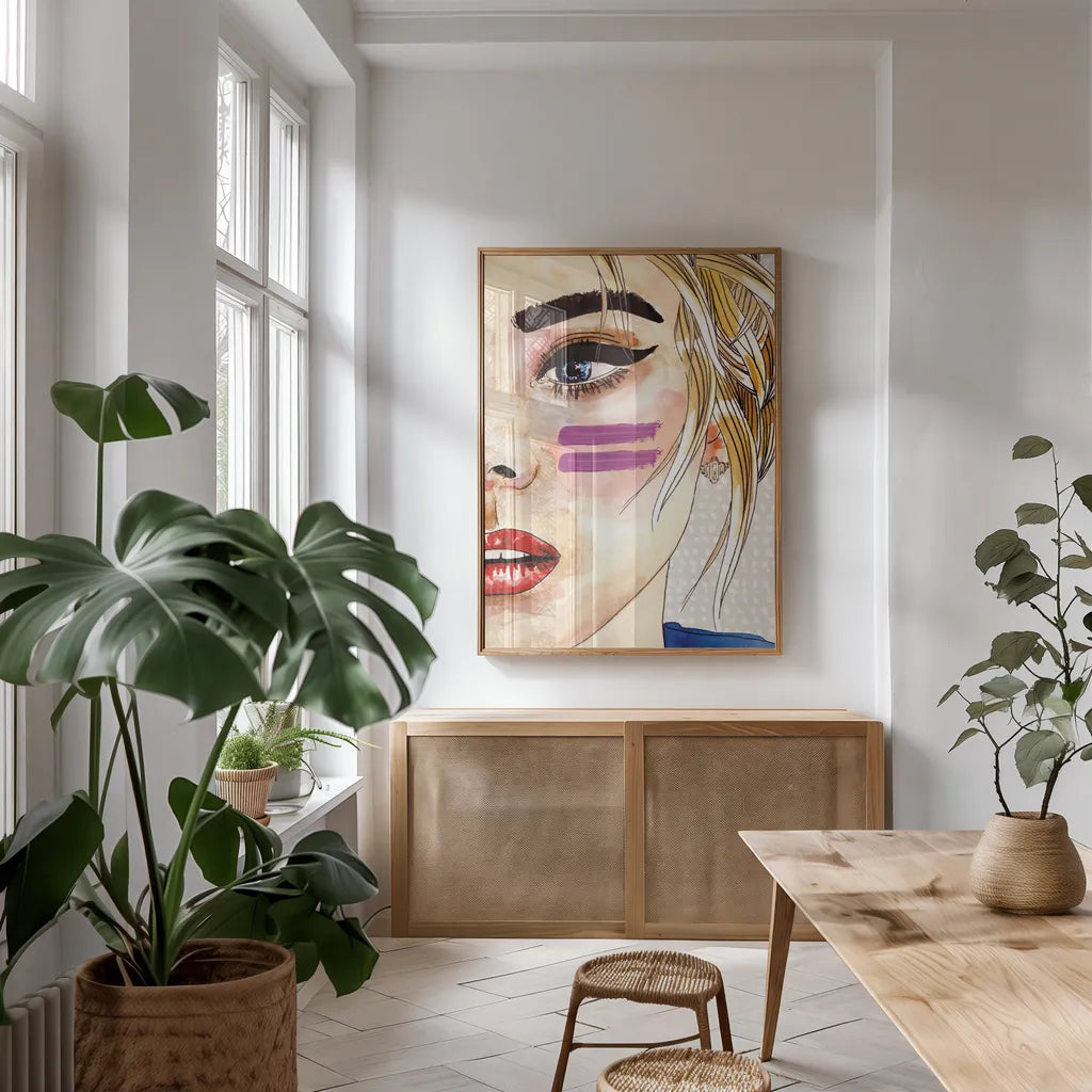 Pop Art Girl by Mercedes Lopez Charro. shown as a print in a natural wood frame in a dining room. Available as a archival giclee rolled canvas, fine art paper, or poster print. SKU 88309h.