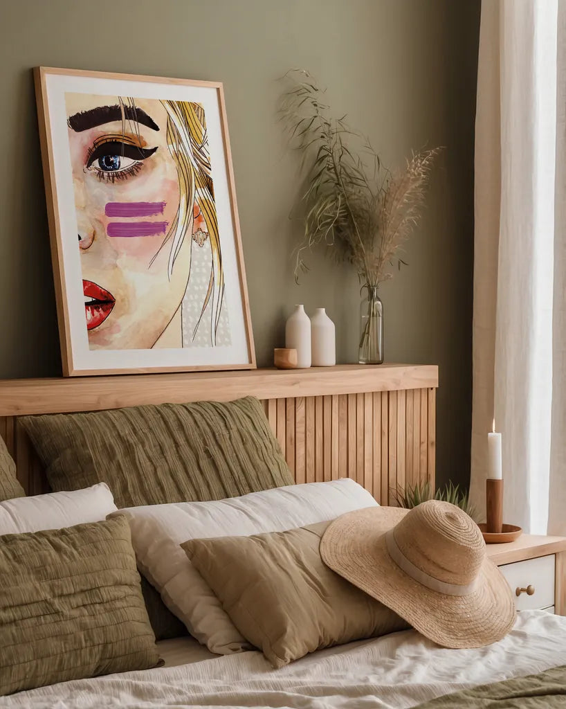 Pop Art Girl by Mercedes Lopez Charro. shown as a paper print in a natural frame. Available as a archival giclee rolled canvas, fine art paper, or poster print. SKU 88309h.