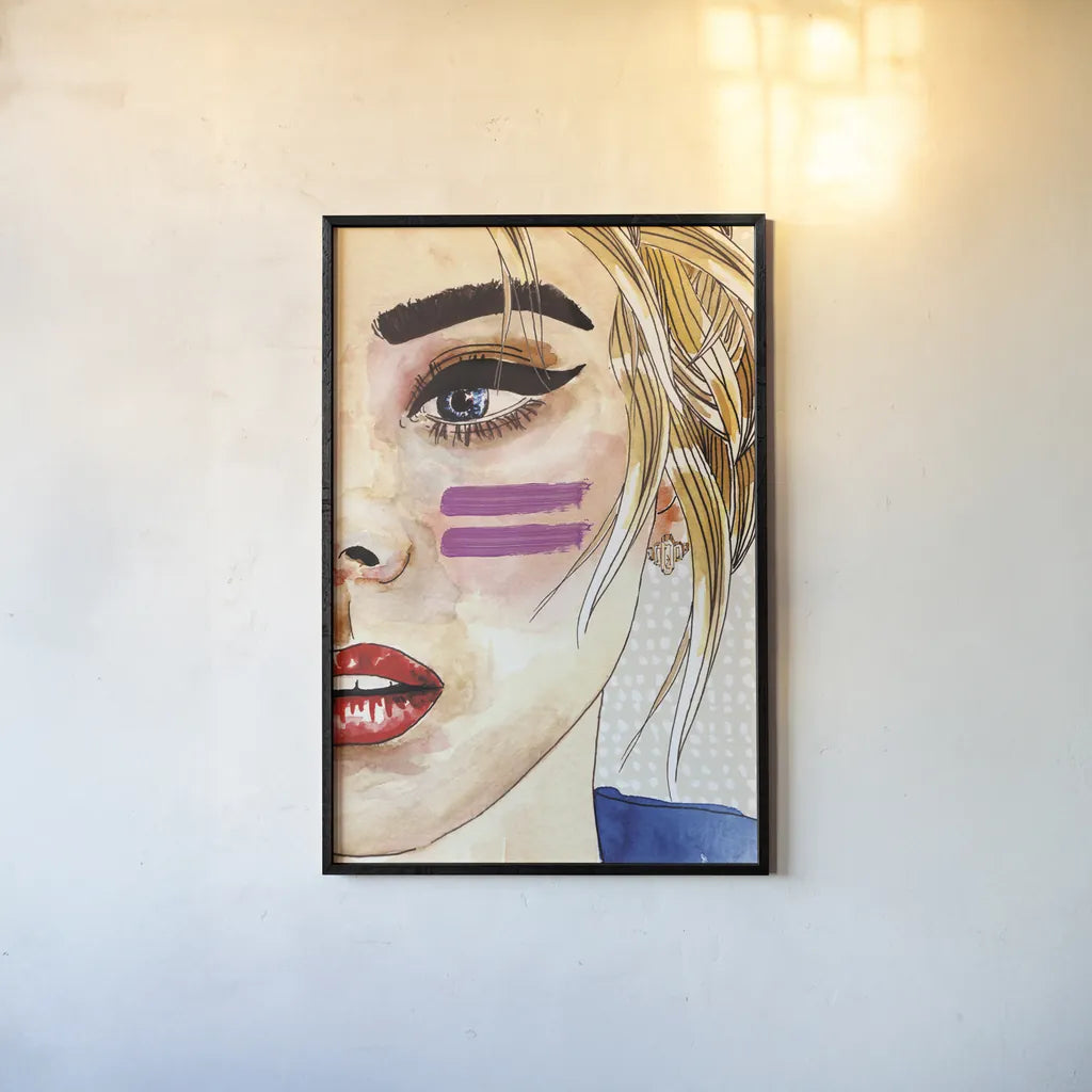 Pop Art Girl by Mercedes Lopez Charro. shown as a paper print in a black flame. Available as a archival giclee rolled canvas, fine art paper, or poster print. SKU 88309h.