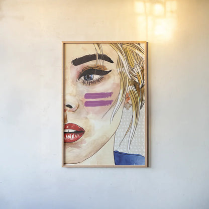 Pop Art Girl by Mercedes Lopez Charro. shown as a paper print in a natural frame. Available as a archival giclee rolled canvas, fine art paper, or poster print. SKU 88309h.