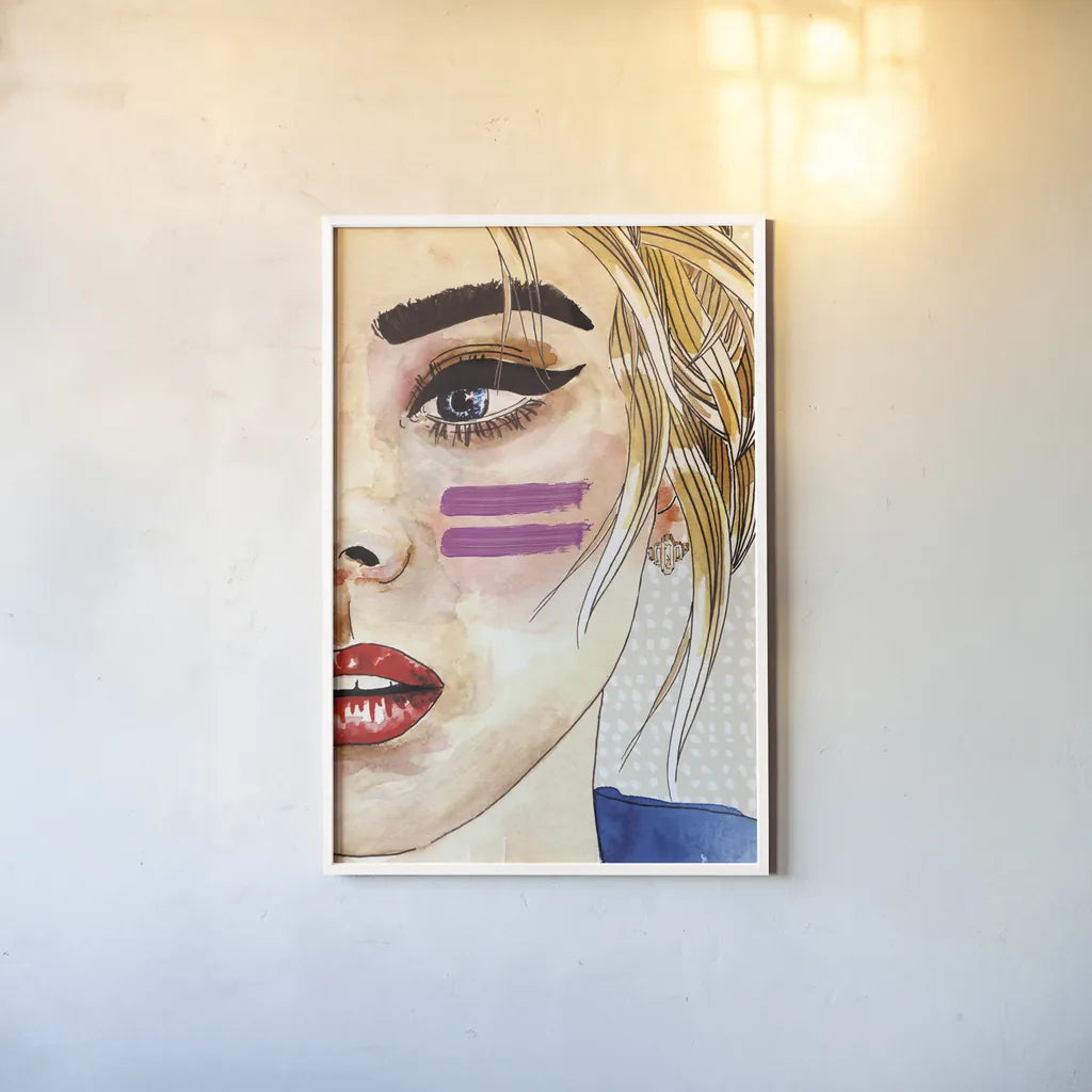 Pop Art Girl by Mercedes Lopez Charro. shown as a paper print in a white frame. Available as a archival giclee rolled canvas, fine art paper, or poster print. SKU 88309h.