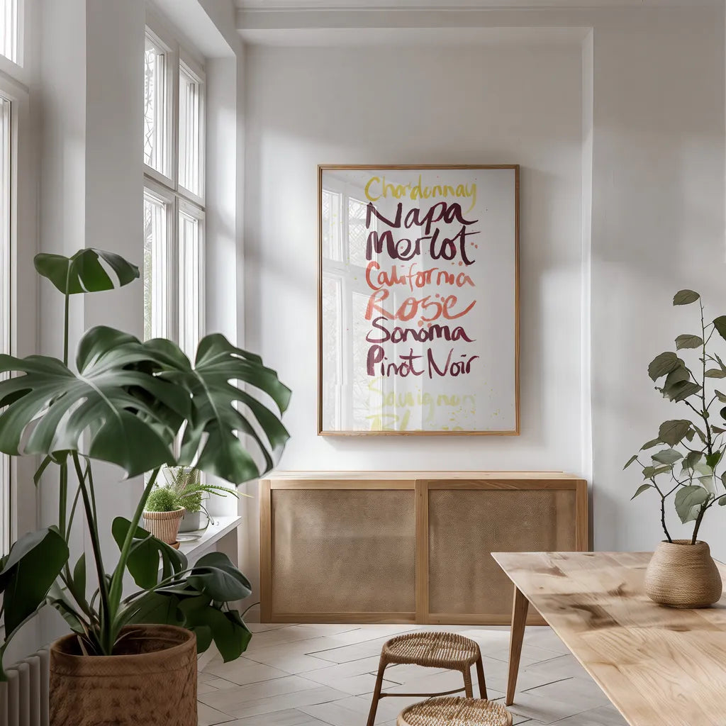 Pop the Cork IX Color by Mercedes Lopez Charro. shown as a print in a natural wood frame in a dining room. Available as a archival giclee rolled canvas, fine art paper, or poster print. SKU 75799h.