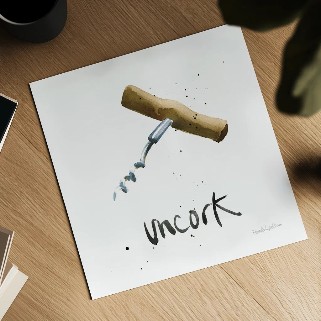 Pop the Cork VIII by Mercedes Lopez Charro. Shown as a detailed flat fine art print, highlighting archival giclee quality. Available as an archival giclee rolled canvas, fine art paper, or poster print. SKU 74961a.