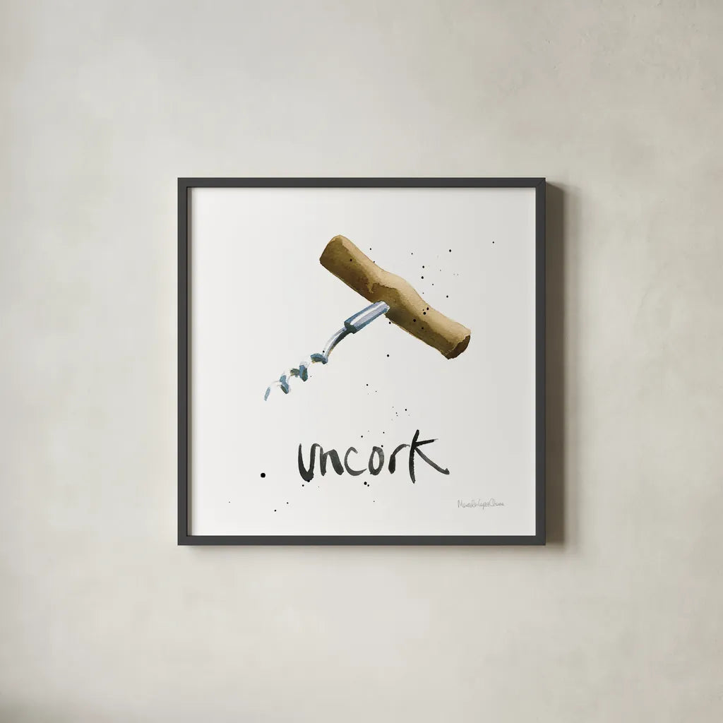 Pop the Cork VIII by Mercedes Lopez Charro. Shown in a sleek black glass frame for a contemporary gallery look. Available as an archival giclee rolled canvas, fine art paper, or poster print. SKU 74961a.