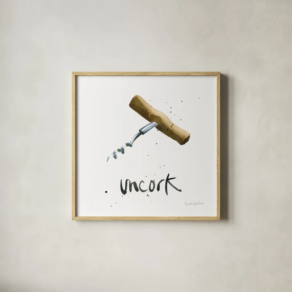 Pop the Cork VIII by Mercedes Lopez Charro. Shown in a natural wood glass frame for a timeless modern aesthetic. Available as an archival giclee rolled canvas, fine art paper, or poster print. SKU 74961a.