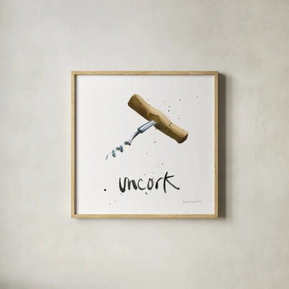 Pop the Cork VIII by Mercedes Lopez Charro. Shown in a natural wood glass frame for a timeless modern aesthetic. Available as an archival giclee rolled canvas, fine art paper, or poster print. SKU 74961a.