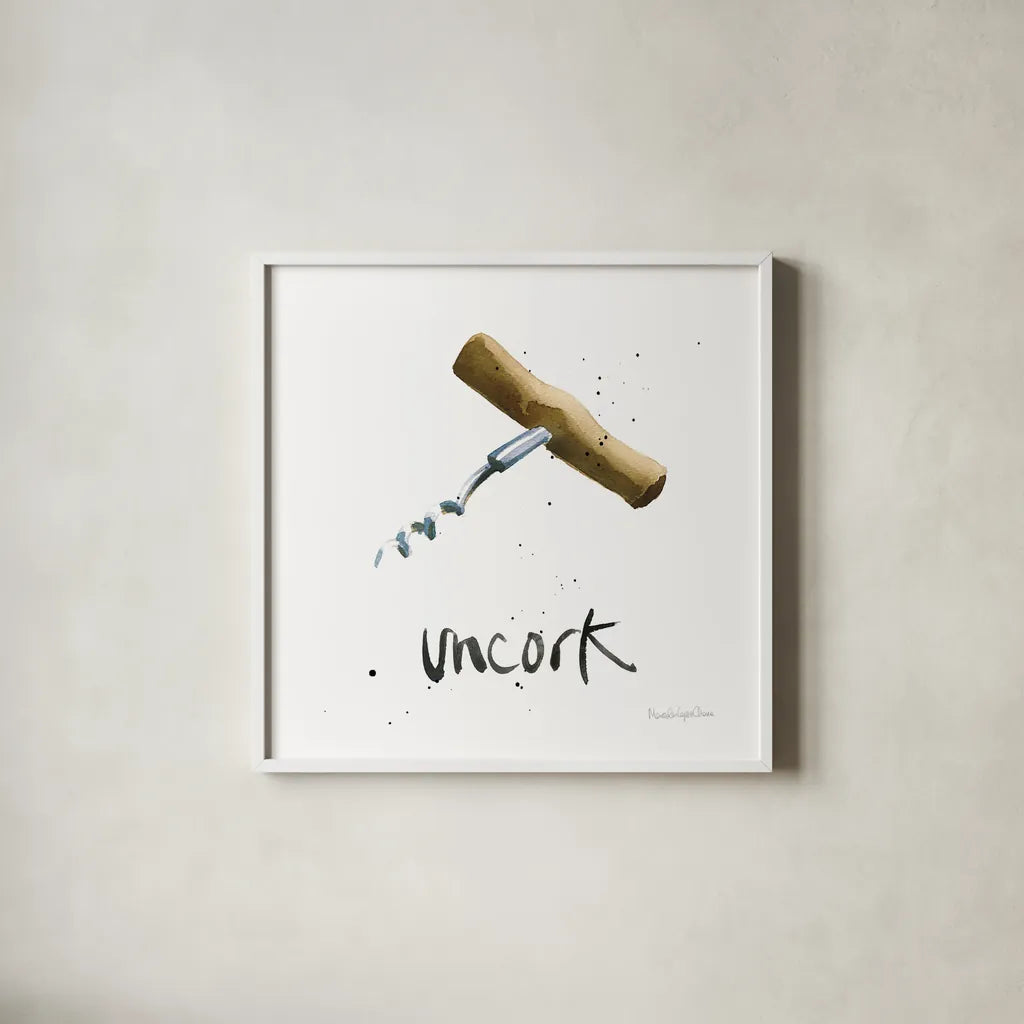 Pop the Cork VIII by Mercedes Lopez Charro. Shown in a crisp white glass frame for a clean and minimalist style. Available as an archival giclee rolled canvas, fine art paper, or poster print. SKU 74961a.