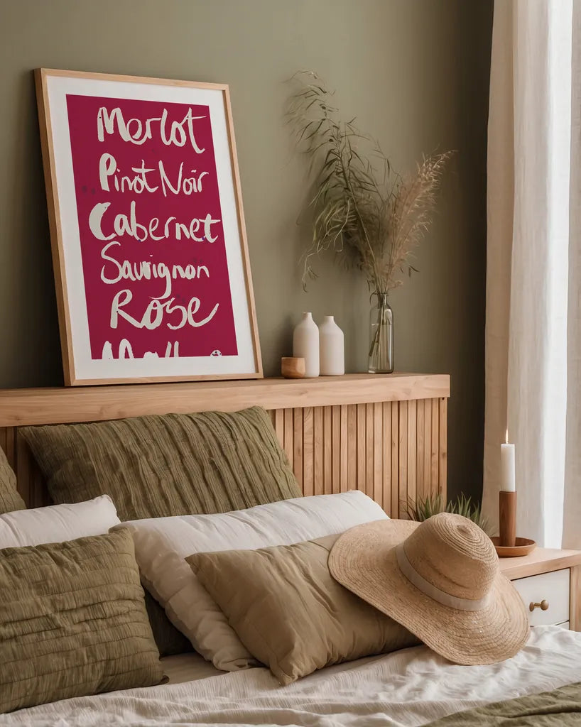 Pop the Cork Wine Words I by Mercedes Lopez Charro. shown as a paper print in a natural frame. Available as a archival giclee rolled canvas, fine art paper, or poster print. SKU 77324h.