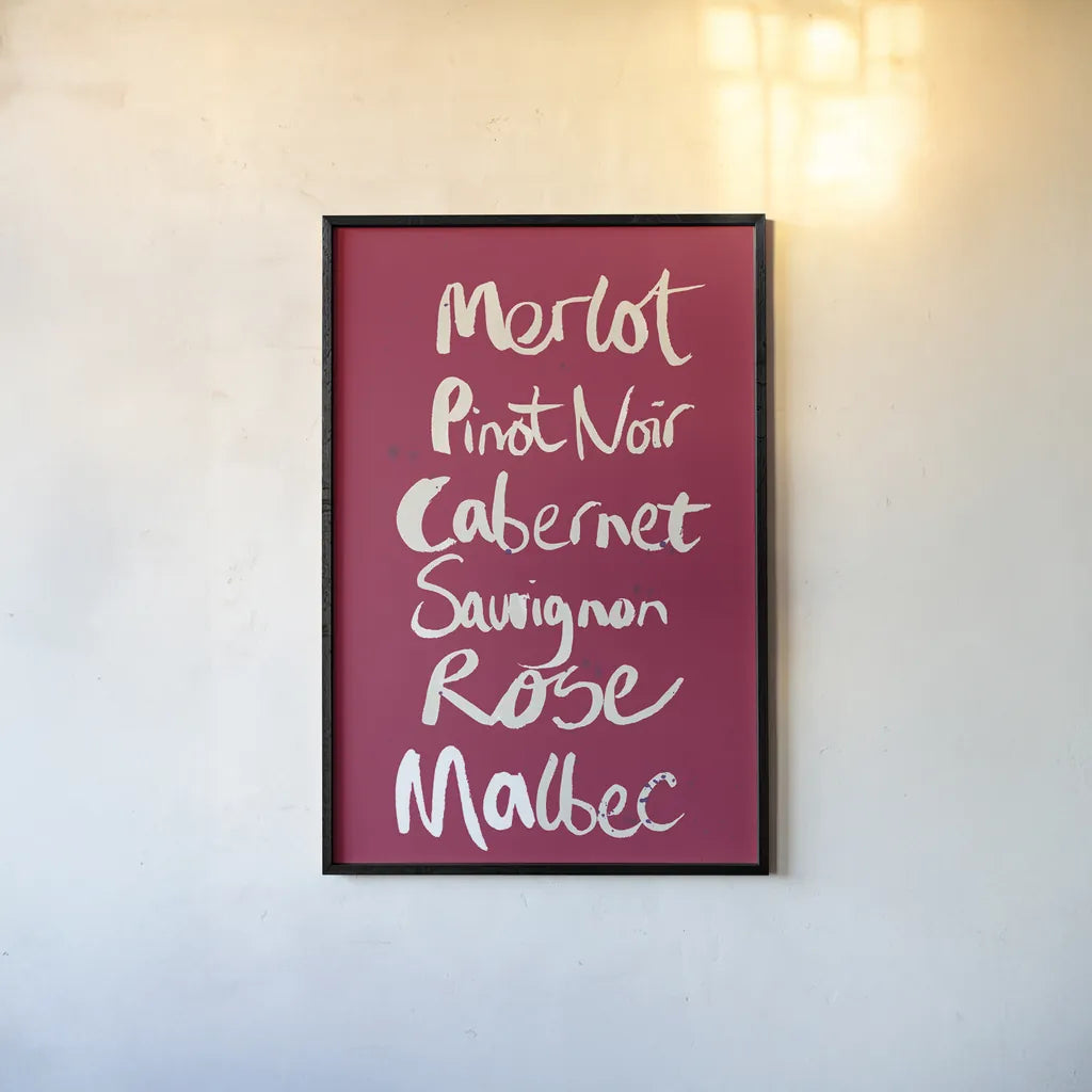 Pop the Cork Wine Words I by Mercedes Lopez Charro. shown as a paper print in a black flame. Available as a archival giclee rolled canvas, fine art paper, or poster print. SKU 77324h.