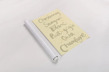 Pop the Cork Wine Words II by Mercedes Lopez Charro. shown as a rolled paper print. Available as archival giclee rolled canvas, fine art paper, or poster print. SKU 77325h.