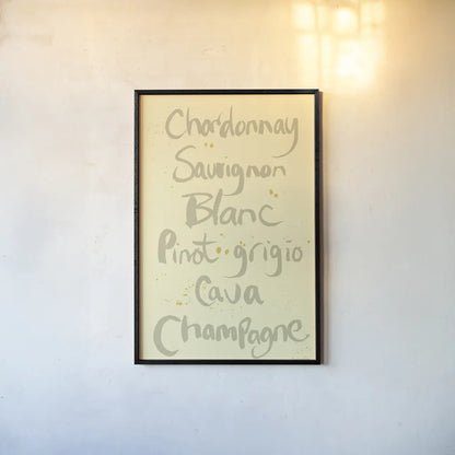 Pop the Cork Wine Words II by Mercedes Lopez Charro. shown as a paper print in a black flame. Available as a archival giclee rolled canvas, fine art paper, or poster print. SKU 77325h.