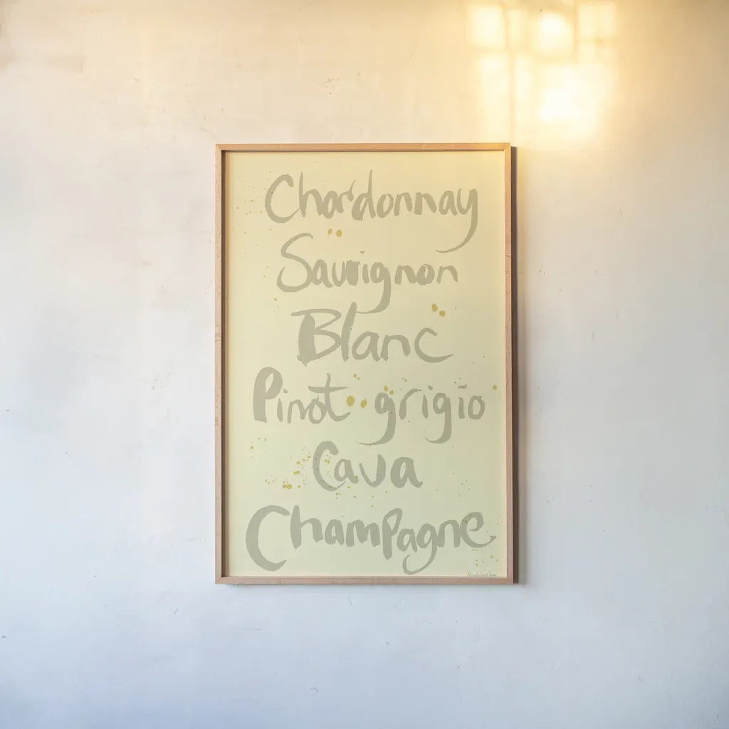 Pop the Cork Wine Words II by Mercedes Lopez Charro. shown as a paper print in a natural frame. Available as a archival giclee rolled canvas, fine art paper, or poster print. SKU 77325h.