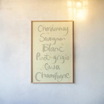 Pop the Cork Wine Words II by Mercedes Lopez Charro. shown as a paper print in a natural frame. Available as a archival giclee rolled canvas, fine art paper, or poster print. SKU 77325h.