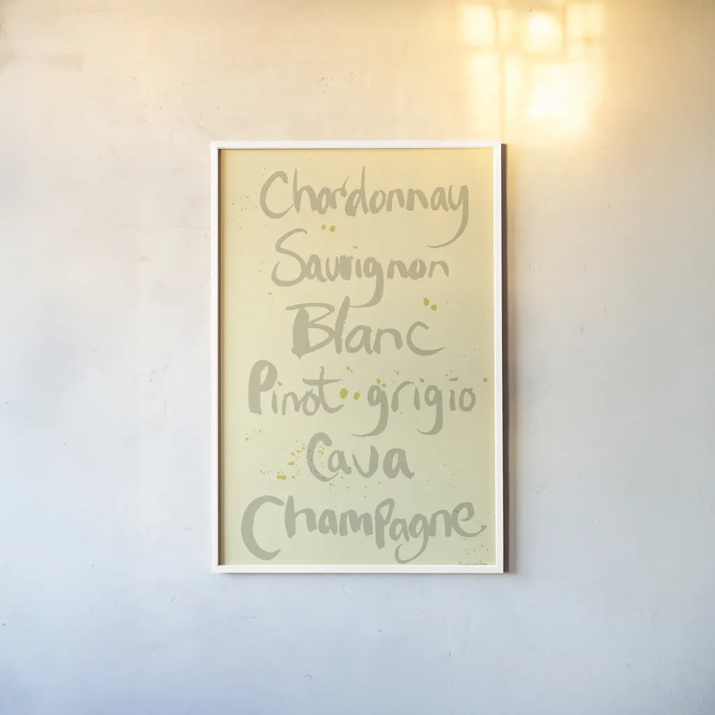 Pop the Cork Wine Words II by Mercedes Lopez Charro. shown as a paper print in a white frame. Available as a archival giclee rolled canvas, fine art paper, or poster print. SKU 77325h.