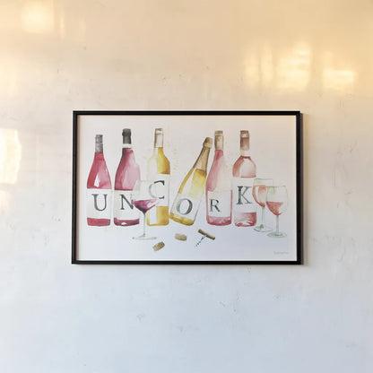 Pop the Cork XI by Mercedes Lopez Charro. shown as a paper print in a black flame. Available as a archival giclee rolled canvas, fine art paper, or poster print. SKU 74964i.