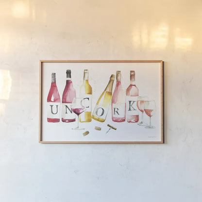 Pop the Cork XI by Mercedes Lopez Charro. shown as a paper print in a natural frame. Available as a archival giclee rolled canvas, fine art paper, or poster print. SKU 74964i.