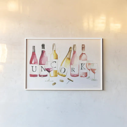 Pop the Cork XI by Mercedes Lopez Charro. shown as a paper print in a white frame. Available as a archival giclee rolled canvas, fine art paper, or poster print. SKU 74964i.