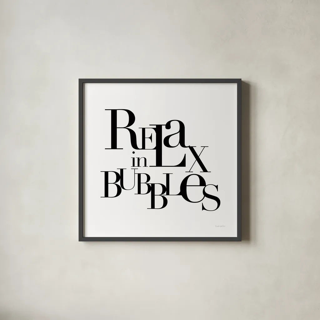 Relax in Bubbles by Mercedes Lopez Charro. Shown in a sleek black glass frame for a contemporary gallery look. Available as an archival giclee rolled canvas, fine art paper, or poster print. SKU 75813a.