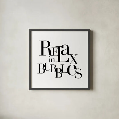 Relax in Bubbles by Mercedes Lopez Charro. Shown in a sleek black glass frame for a contemporary gallery look. Available as an archival giclee rolled canvas, fine art paper, or poster print. SKU 75813a.