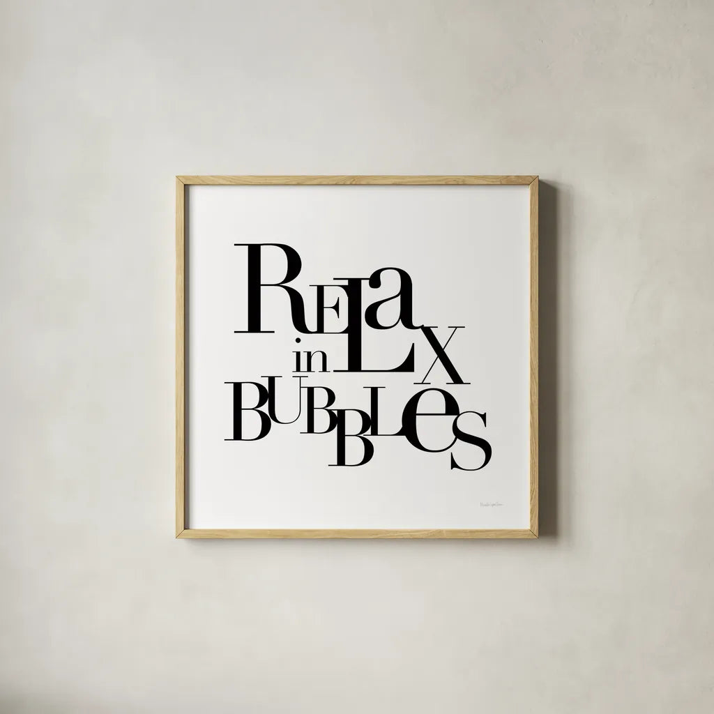 Relax in Bubbles by Mercedes Lopez Charro. Shown in a natural wood glass frame for a timeless modern aesthetic. Available as an archival giclee rolled canvas, fine art paper, or poster print. SKU 75813a.