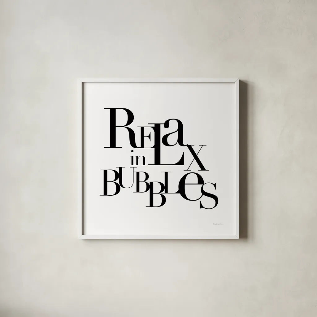 Relax in Bubbles by Mercedes Lopez Charro. Shown in a crisp white glass frame for a clean and minimalist style. Available as an archival giclee rolled canvas, fine art paper, or poster print. SKU 75813a.