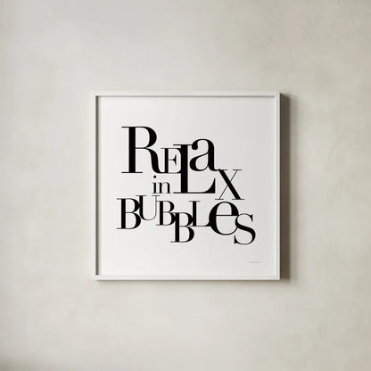 Relax in Bubbles by Mercedes Lopez Charro. Shown in a crisp white glass frame for a clean and minimalist style. Available as an archival giclee rolled canvas, fine art paper, or poster print. SKU 75813a.