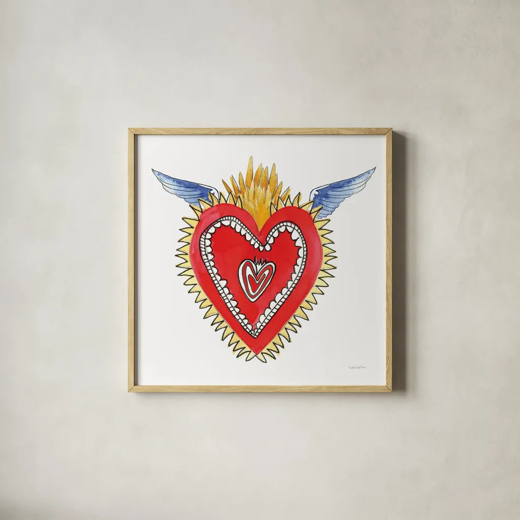 Sacred Heart I by Mercedes Lopez Charro. Shown in a natural wood glass frame for a timeless modern aesthetic. Available as an archival giclee rolled canvas, fine art paper, or poster print. SKU 82857a.
