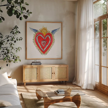 Sacred Heart I by Mercedes Lopez Charro. Shown in a natural wood frame in a cozy modern living room. Available as an archival giclee rolled canvas, fine art paper, or poster print. SKU 82857a.