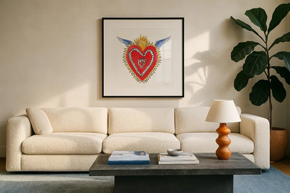 Sacred Heart I by Mercedes Lopez Charro. Displayed in a glass frame with matte in a clean modern living room. Available as an archival giclee rolled canvas, fine art paper, or poster print. SKU 82857a.