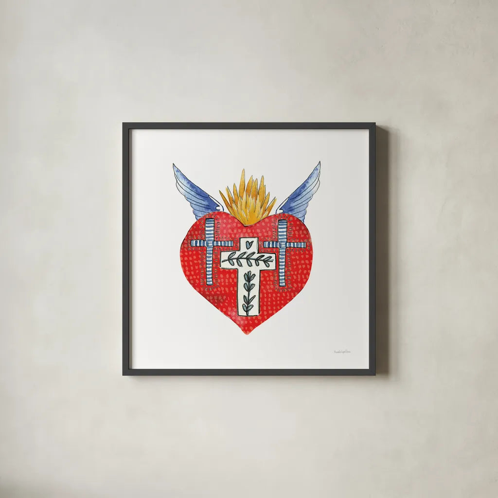 Sacred Heart II by Mercedes Lopez Charro. Shown in a sleek black glass frame for a contemporary gallery look. Available as an archival giclee rolled canvas, fine art paper, or poster print. SKU 82858a.