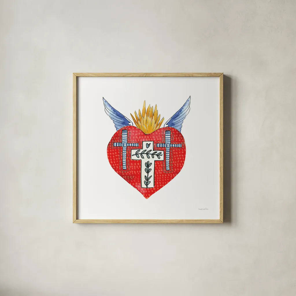 Sacred Heart II by Mercedes Lopez Charro. Shown in a natural wood glass frame for a timeless modern aesthetic. Available as an archival giclee rolled canvas, fine art paper, or poster print. SKU 82858a.