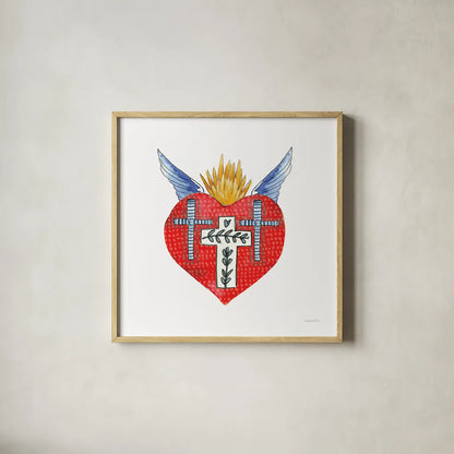 Sacred Heart II by Mercedes Lopez Charro. Shown in a natural wood glass frame for a timeless modern aesthetic. Available as an archival giclee rolled canvas, fine art paper, or poster print. SKU 82858a.