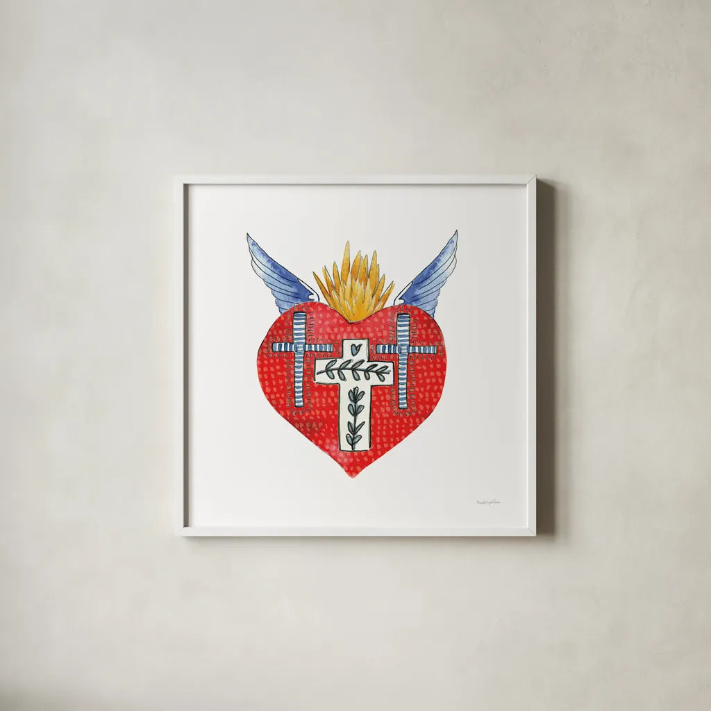 Sacred Heart II by Mercedes Lopez Charro. Shown in a crisp white glass frame for a clean and minimalist style. Available as an archival giclee rolled canvas, fine art paper, or poster print. SKU 82858a.