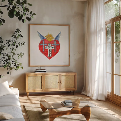 Sacred Heart II by Mercedes Lopez Charro. Shown in a natural wood frame in a cozy modern living room. Available as an archival giclee rolled canvas, fine art paper, or poster print. SKU 82858a.